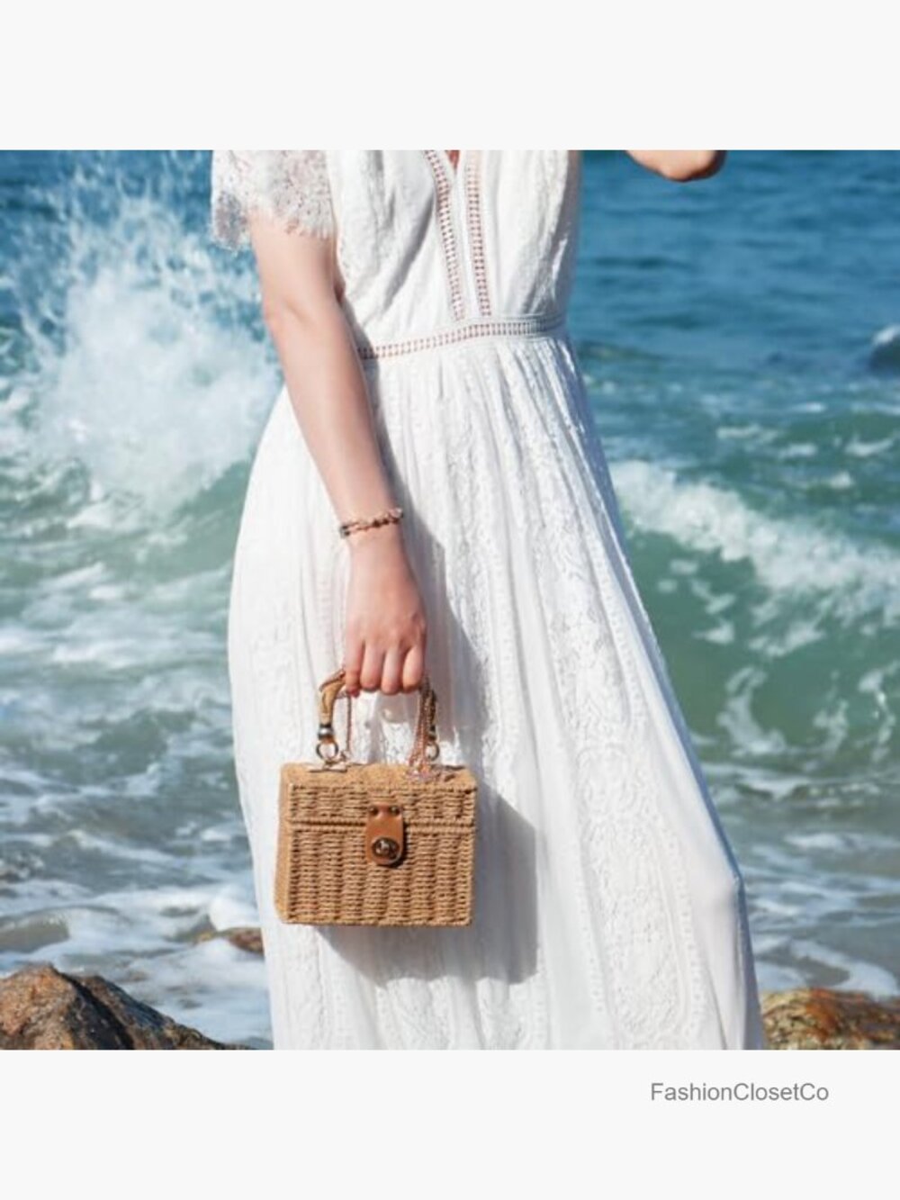 Woven Wicker Rattan Purse Straw Tote Bag Summer Beach Vacation Box Bucket Bag - Picture 6 of 7